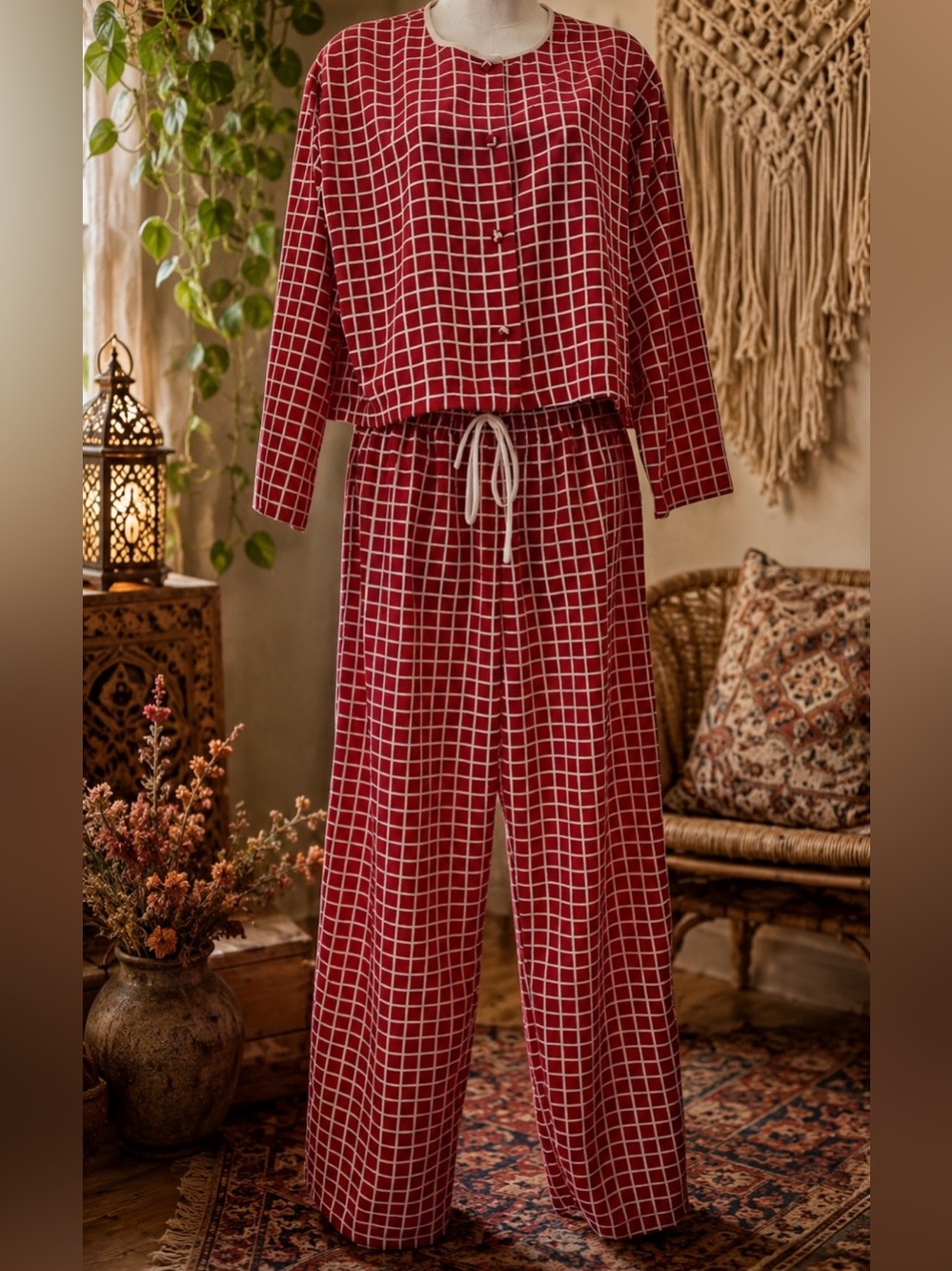 Vintage Y2K Josie by Natori Red Windowpane Pajama Lounge Set Medium
